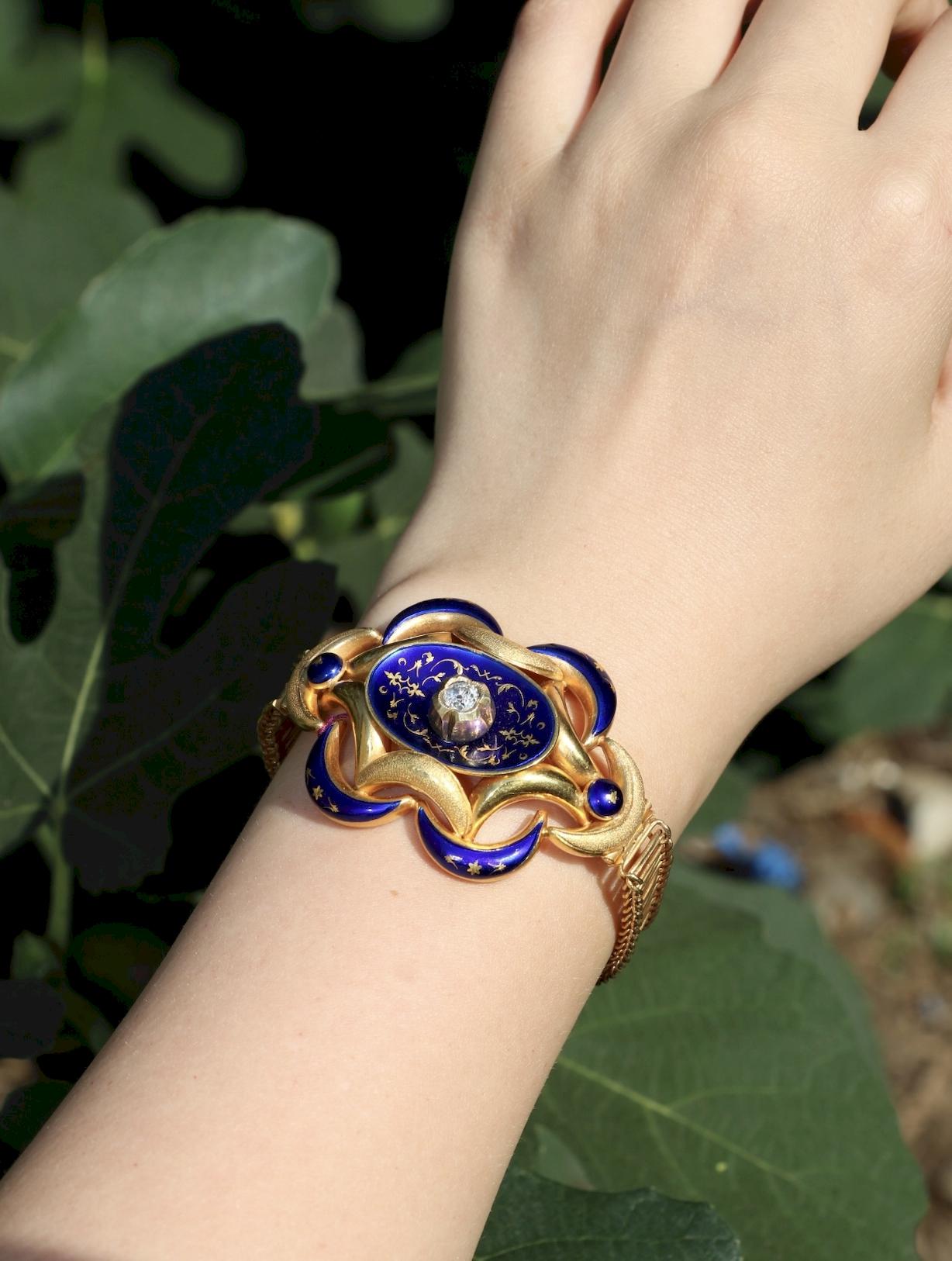 Antique 18K Gold Enamel Diamond Bracelet