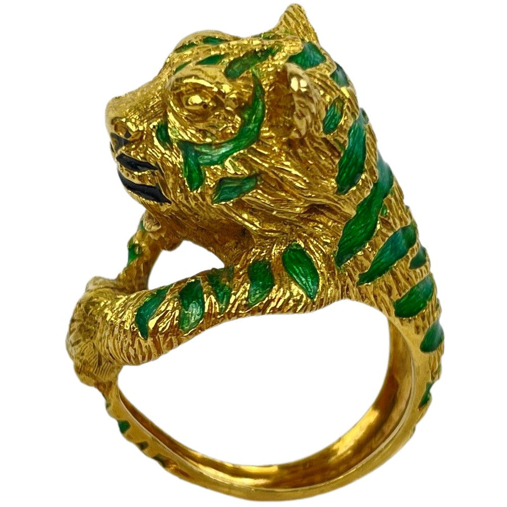 Vintage 18k Gold Enameled Tiger Ring