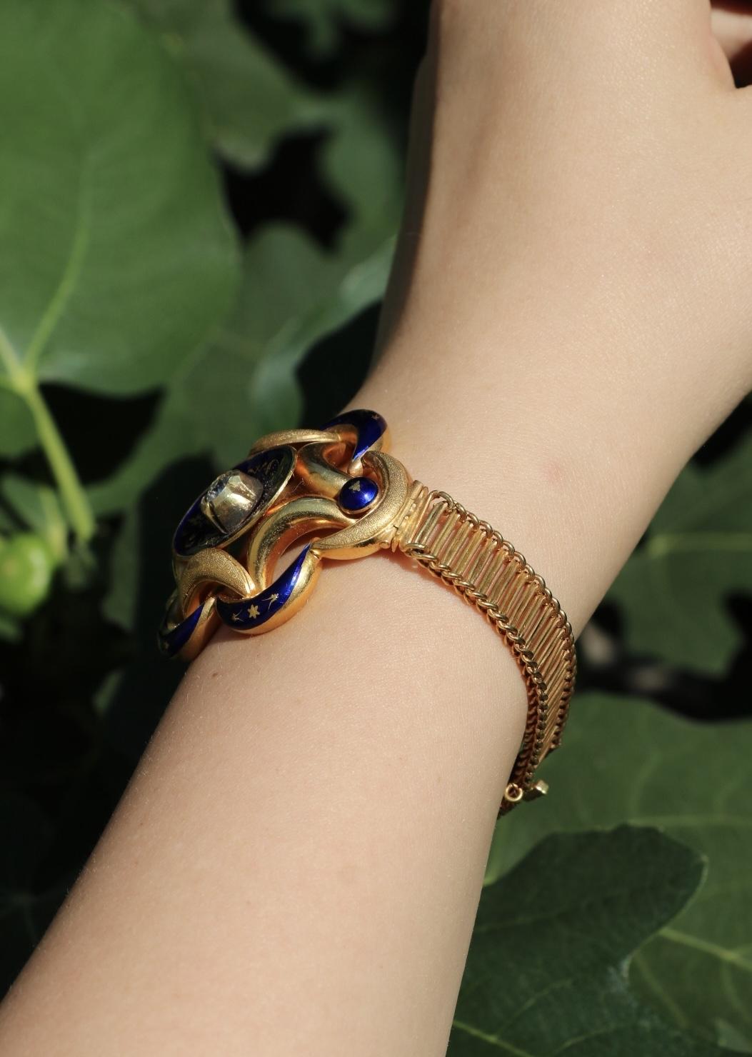 Antique 18K Gold Enamel Diamond Bracelet