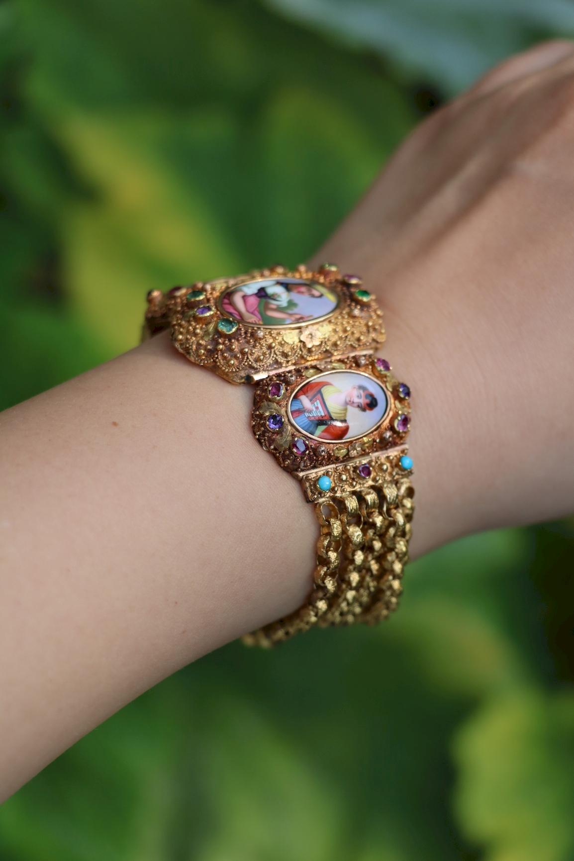 Antique Schvitz Berne Grisons 18K Gold Gem set Portrait Bracelet