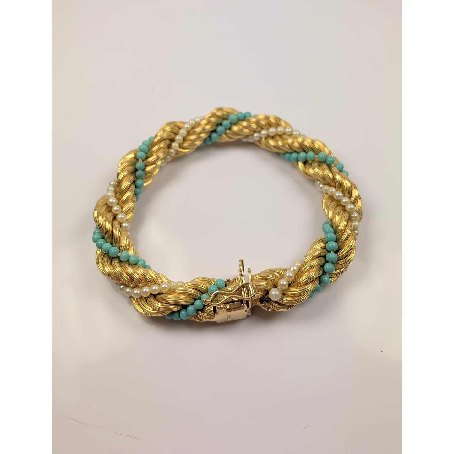 Stunning 18k Gold Turquoise & Pearl Bead Twist Bracelet
