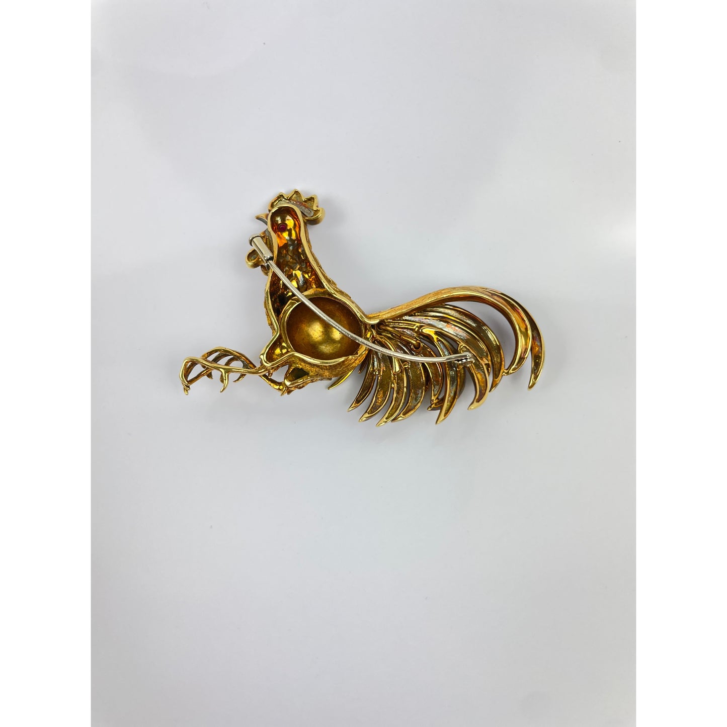 Vintage 18k Gold Enamel Ruby Rooster Brooch Pin