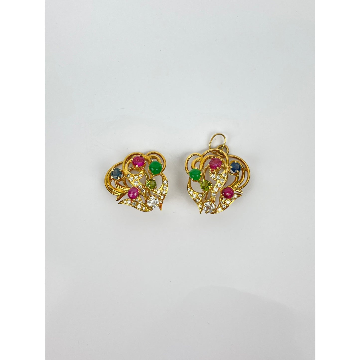 Pair of 18k Gold Ruby Sapphire Emerald Diamond Peridot Earrings