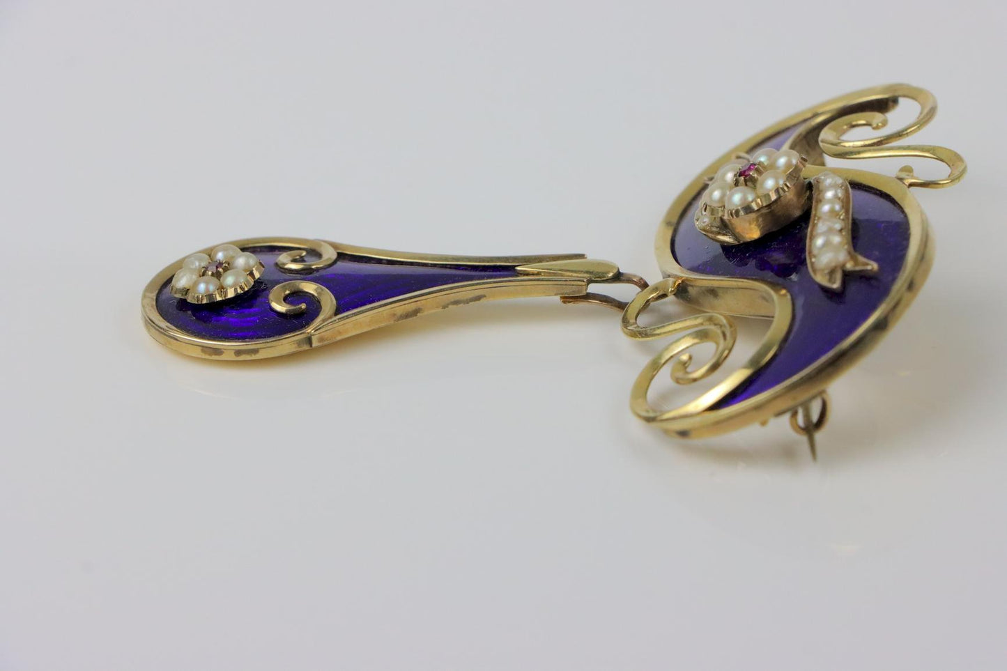 Victorian 14K Gold Cobalt Enamel Pearl Brooch Pin