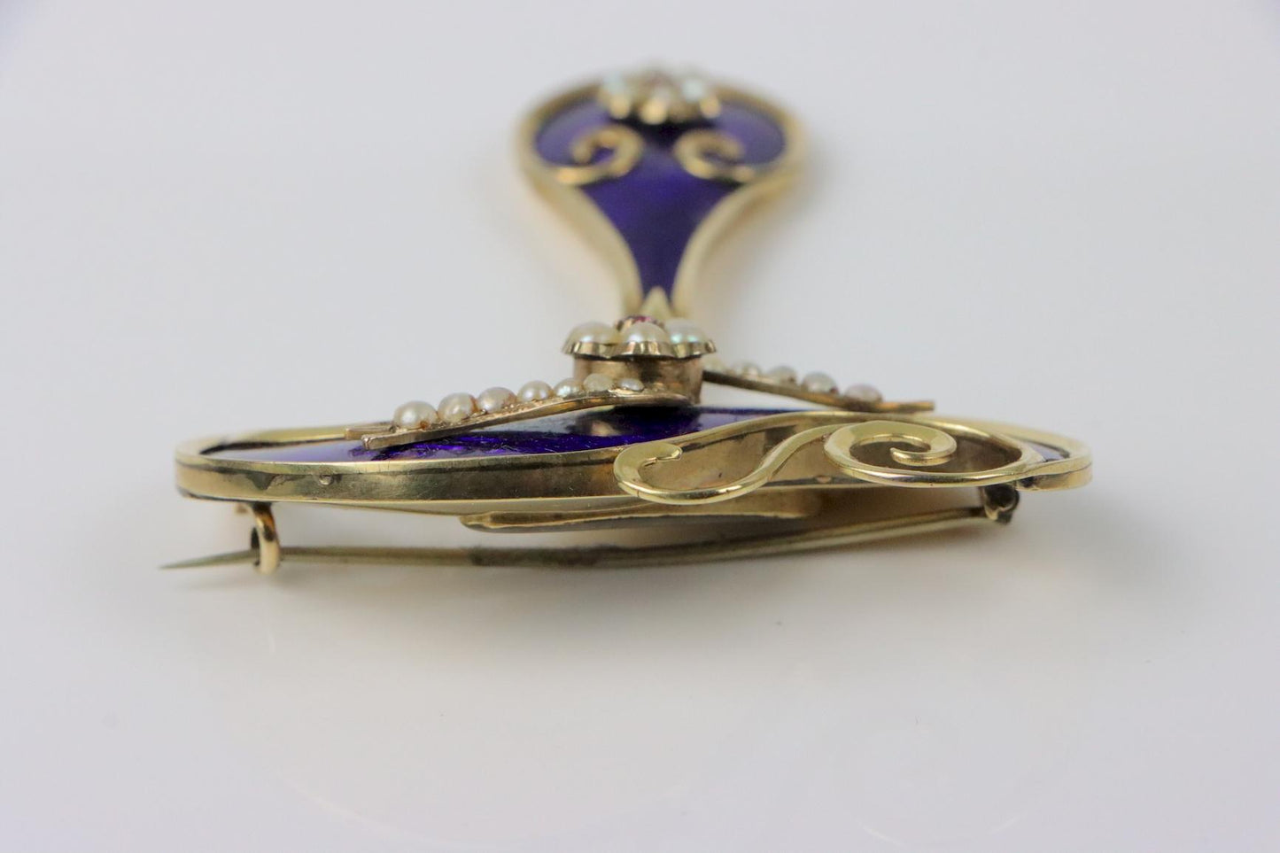 Victorian 14K Gold Cobalt Enamel Pearl Brooch Pin