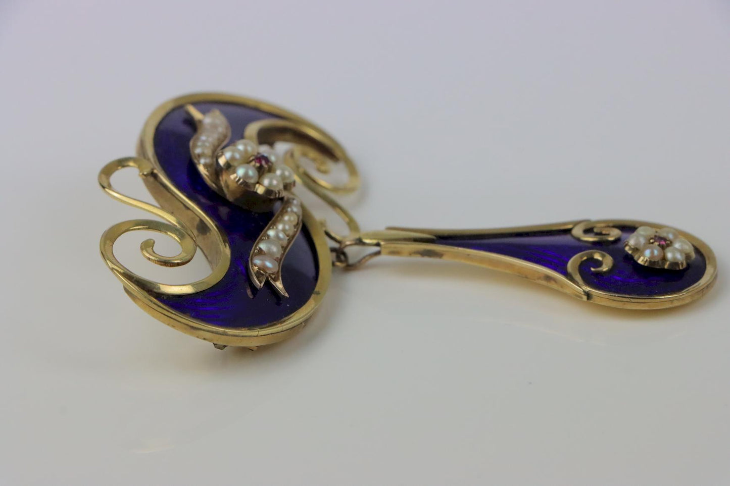 Victorian 14K Gold Cobalt Enamel Pearl Brooch Pin