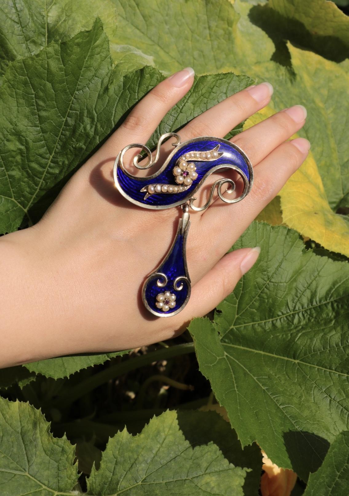 Victorian 14K Gold Cobalt Enamel Pearl Brooch Pin