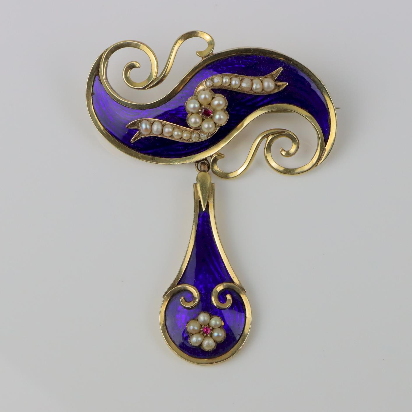 Victorian 14K Gold Cobalt Enamel Pearl Brooch Pin