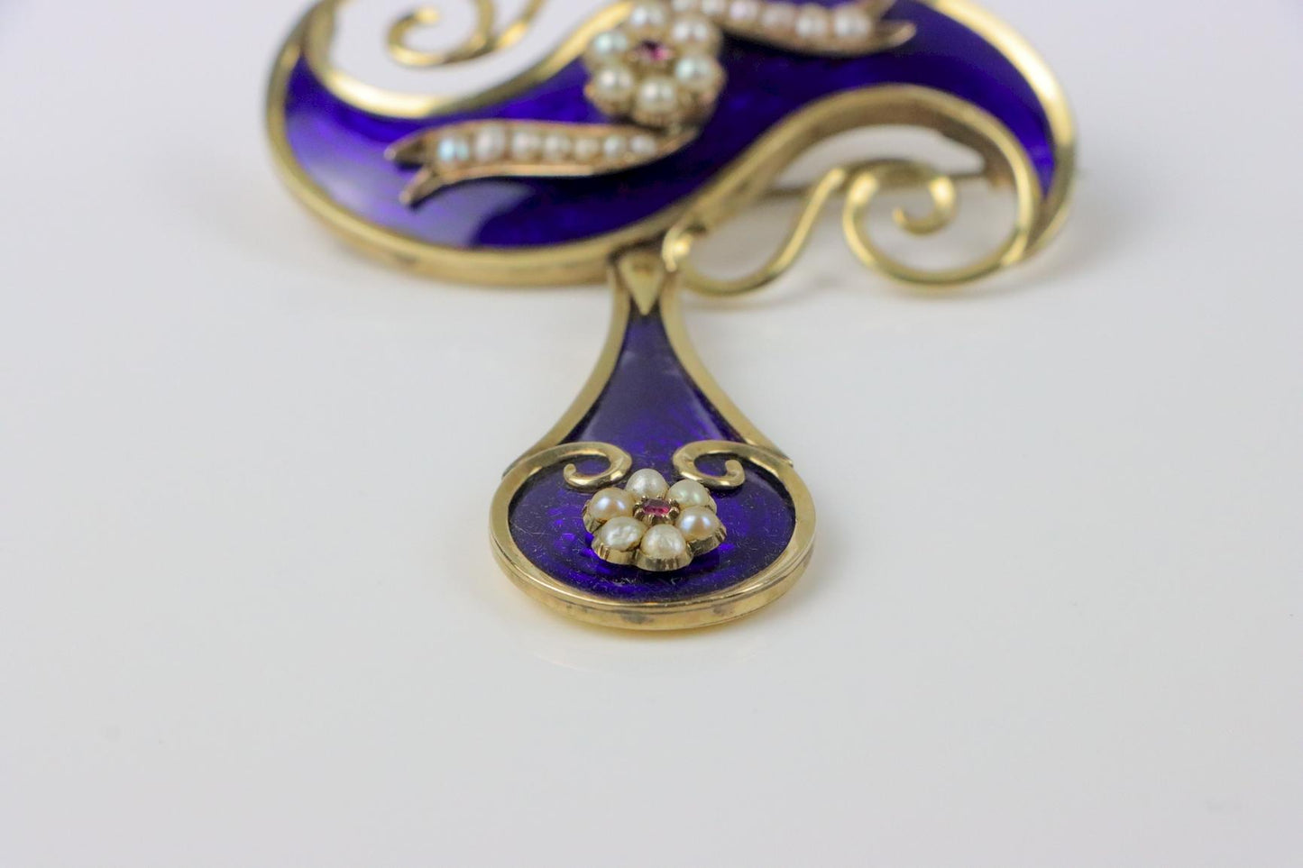 Victorian 14K Gold Cobalt Enamel Pearl Brooch Pin