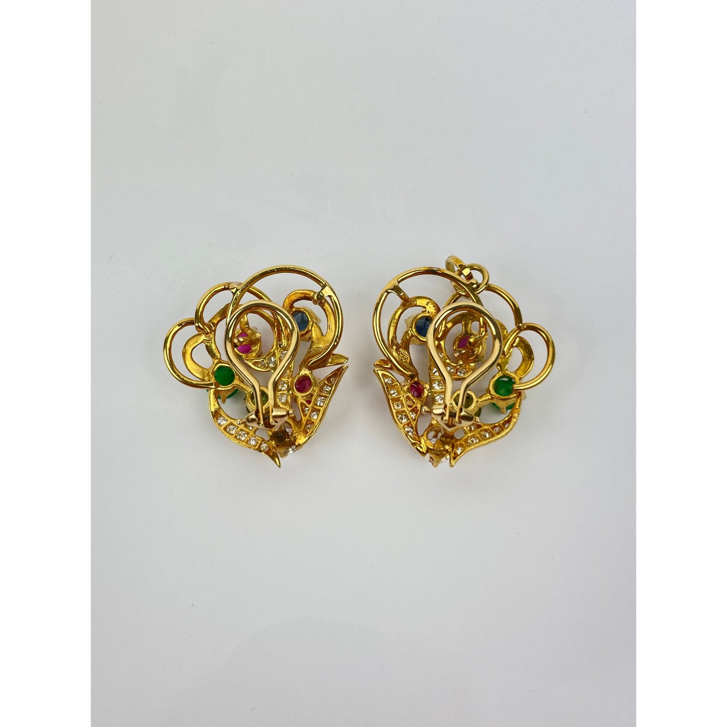 Pair of 18k Gold Ruby Sapphire Emerald Diamond Peridot Earrings