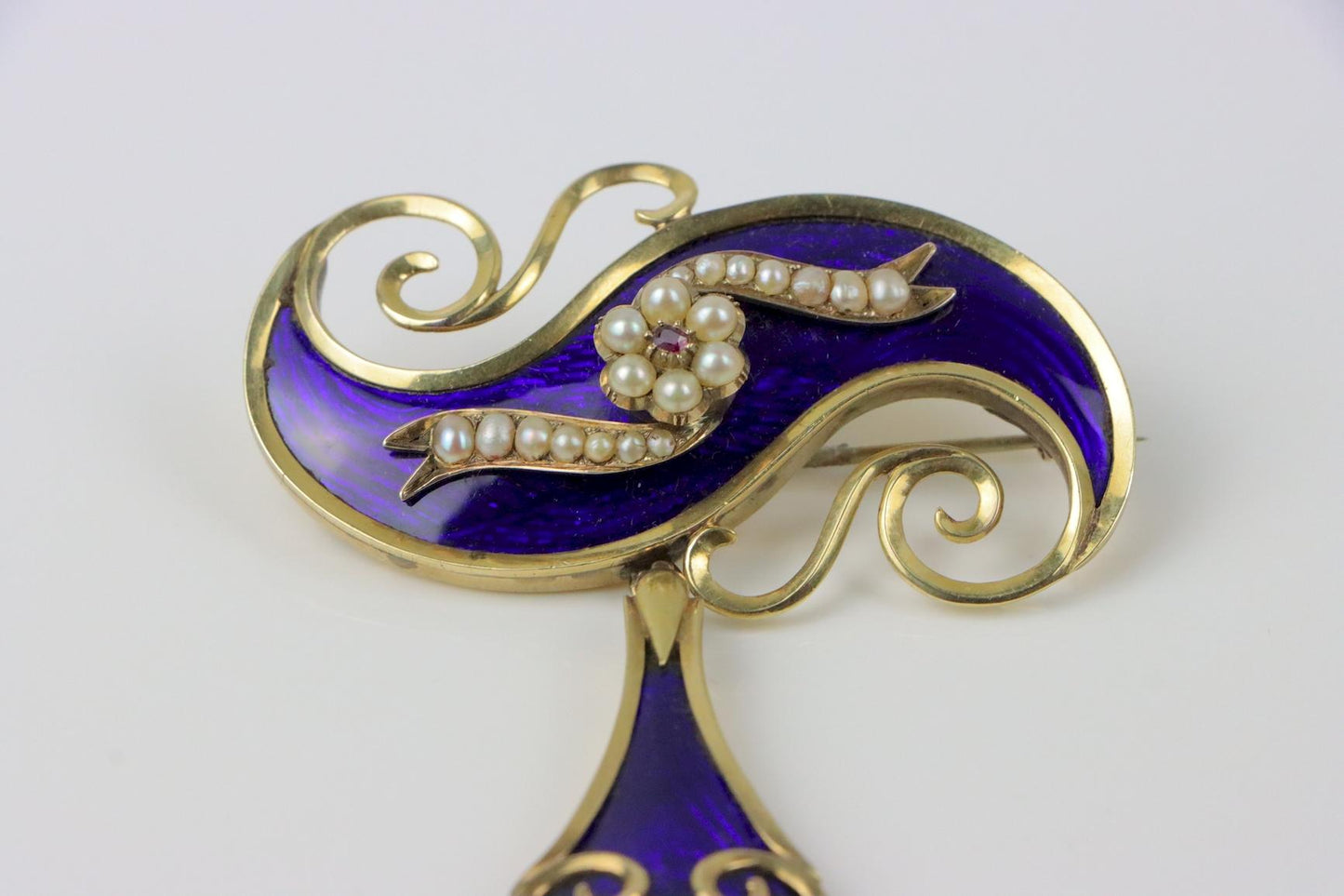 Victorian 14K Gold Cobalt Enamel Pearl Brooch Pin