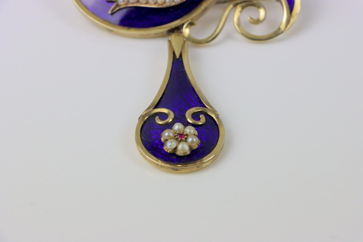 Victorian 14K Gold Cobalt Enamel Pearl Brooch Pin