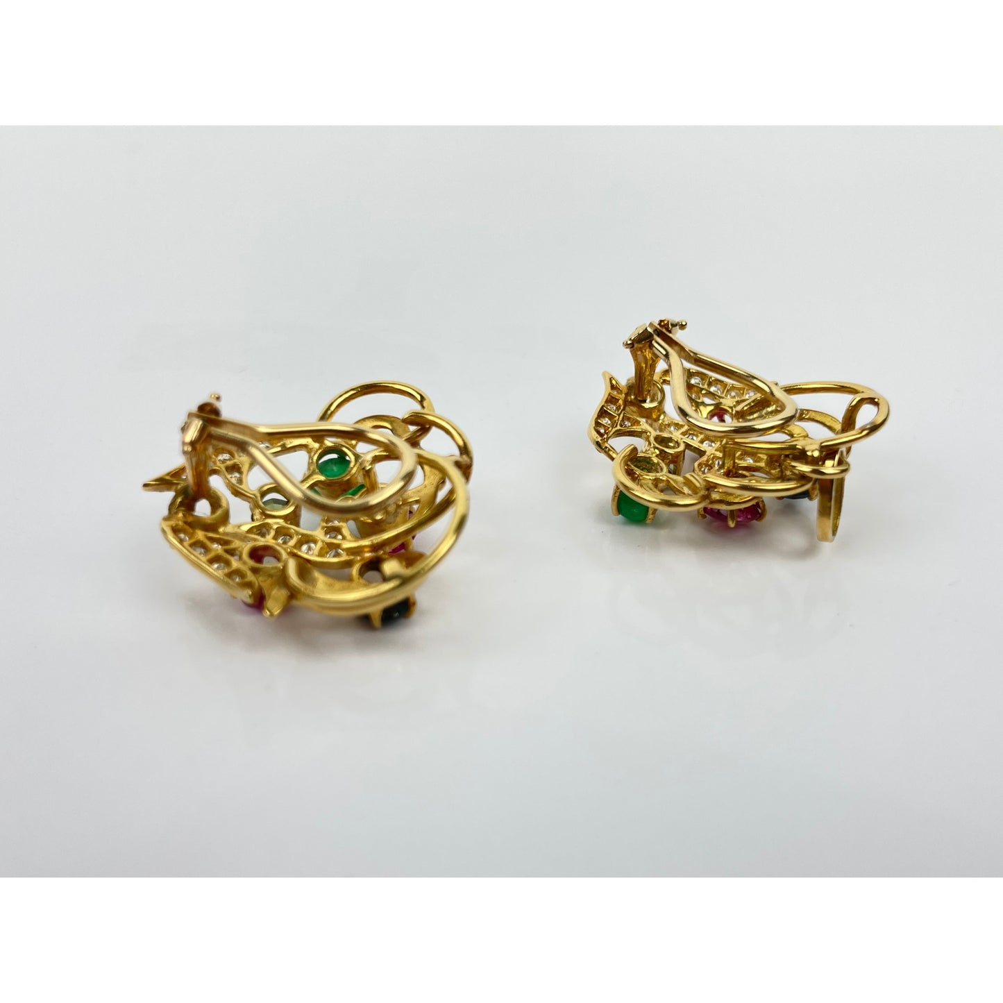 Pair of 18k Gold Ruby Sapphire Emerald Diamond Peridot Earrings