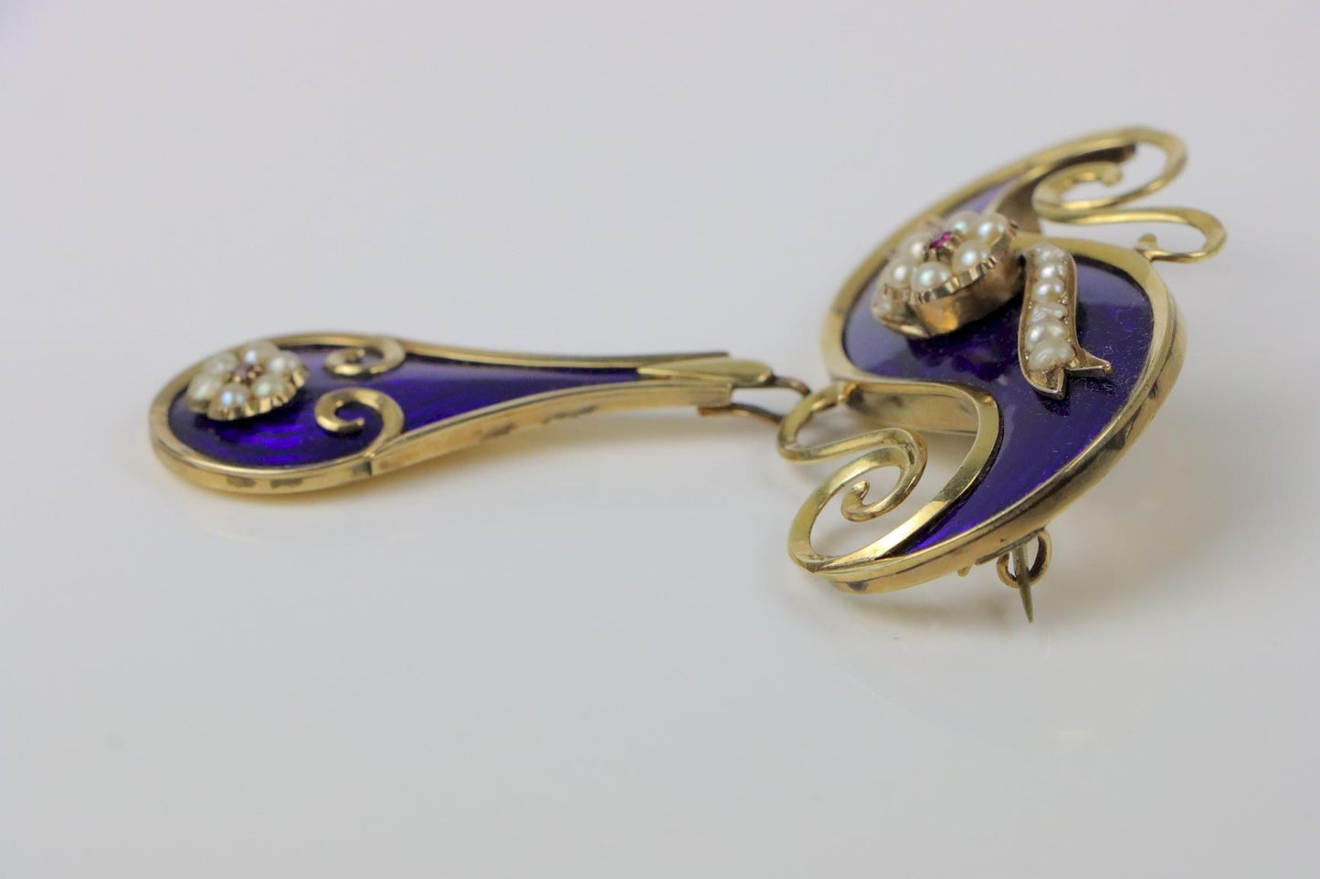 Victorian 14K Gold Cobalt Enamel Pearl Brooch Pin
