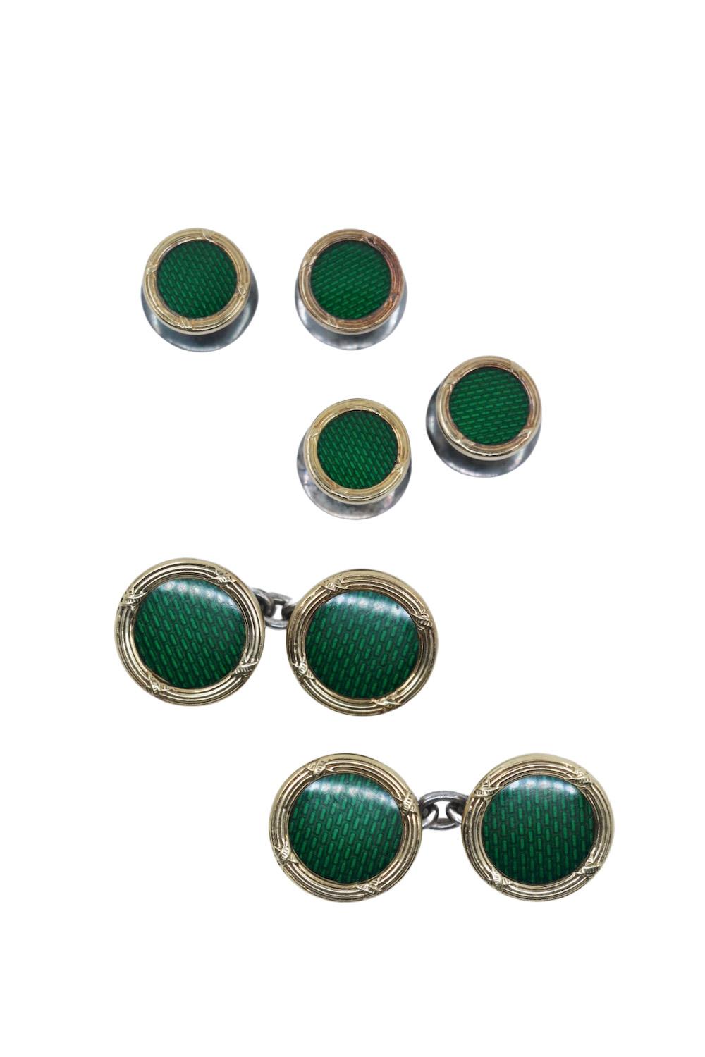 A Set Of 3 Pairs England D&F Silver Green Enamel Cufflinks