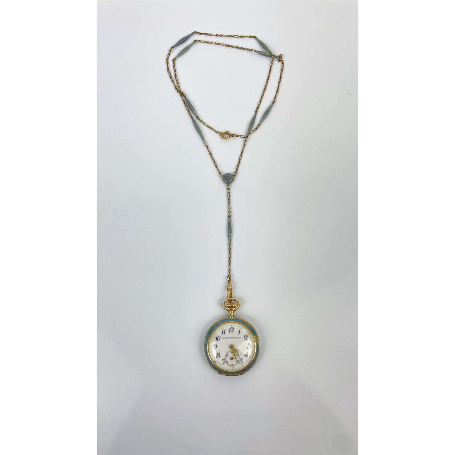 Edwardian 18k Gold Guilloche Enamel Pocket Watch Necklace