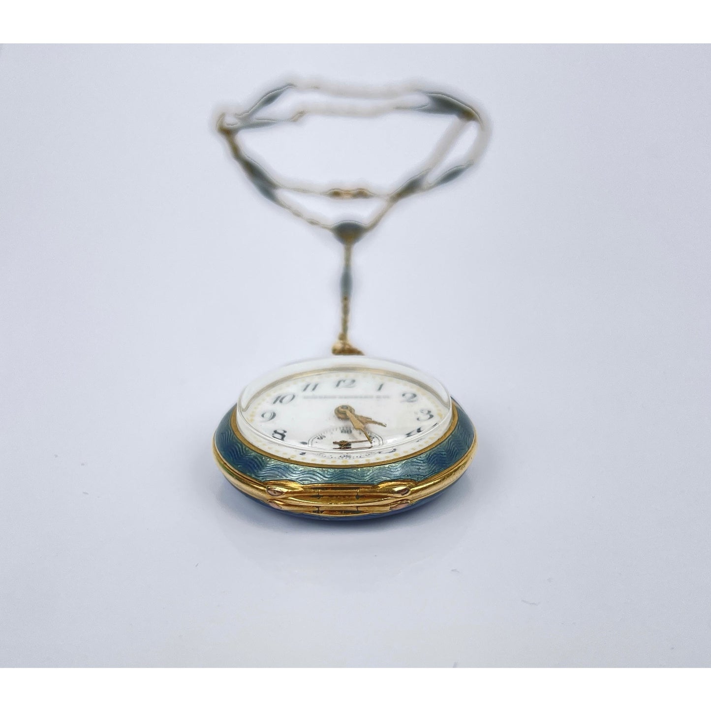 Edwardian 18k Gold Guilloche Enamel Pocket Watch Necklace