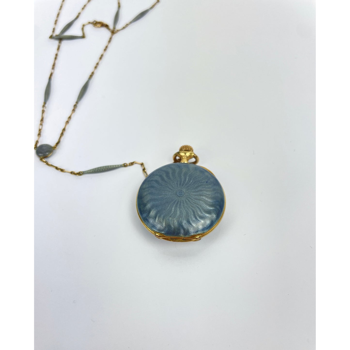 Edwardian 18k Gold Guilloche Enamel Pocket Watch Necklace