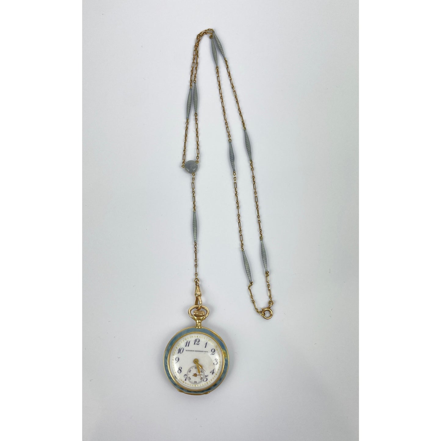 Edwardian 18k Gold Guilloche Enamel Pocket Watch Necklace