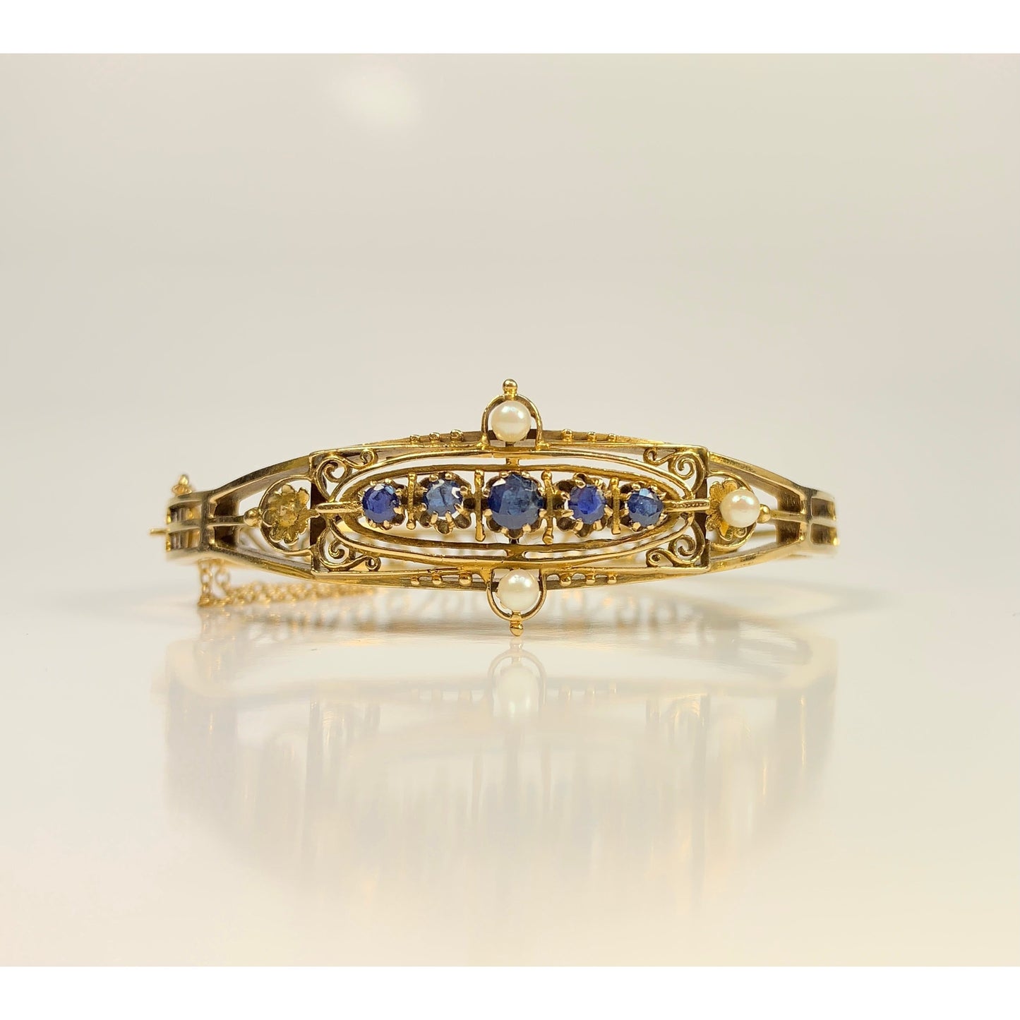 Vintage 14k Gold Sapphire & Pearl Cuff Bracelet