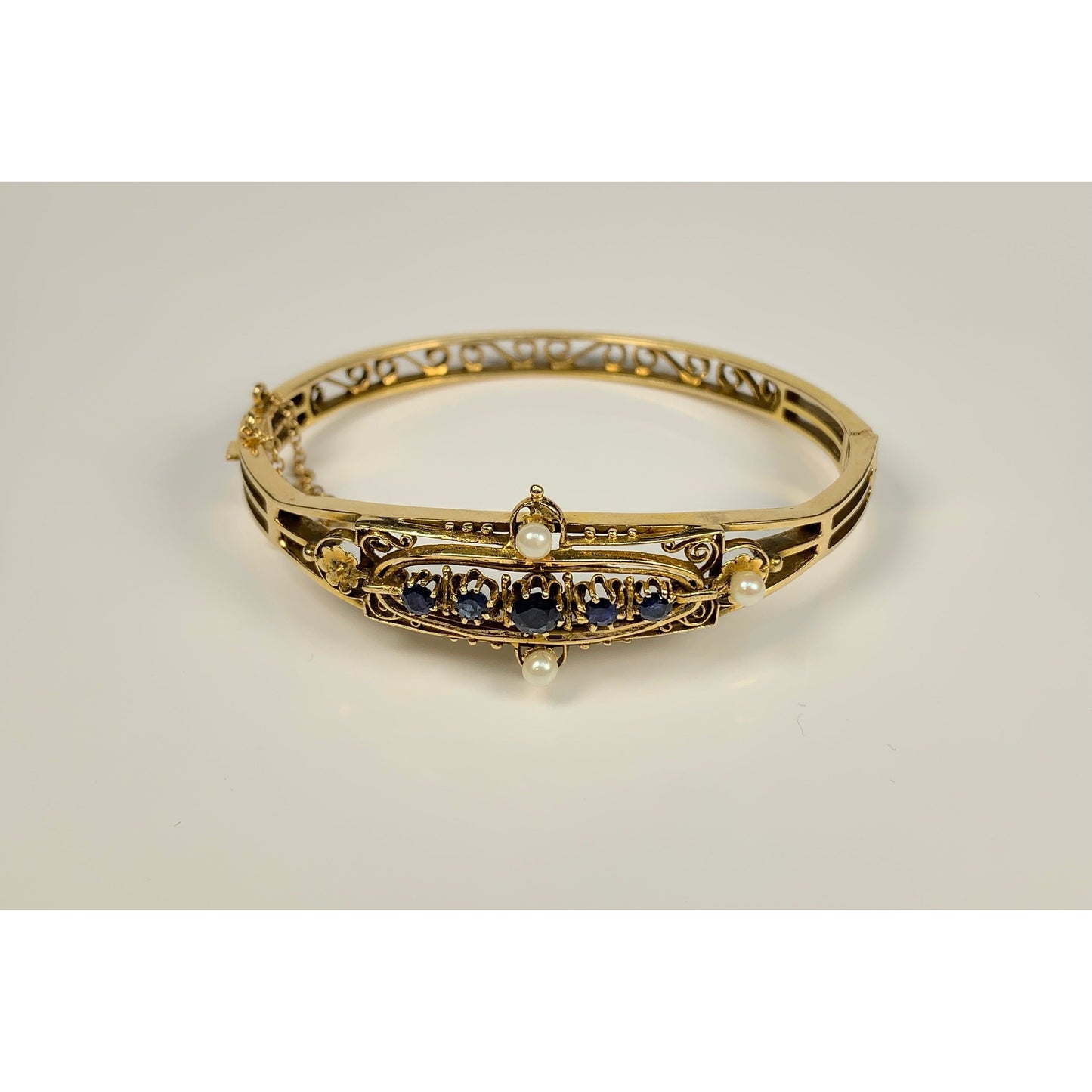 Vintage 14k Gold Sapphire & Pearl Cuff Bracelet