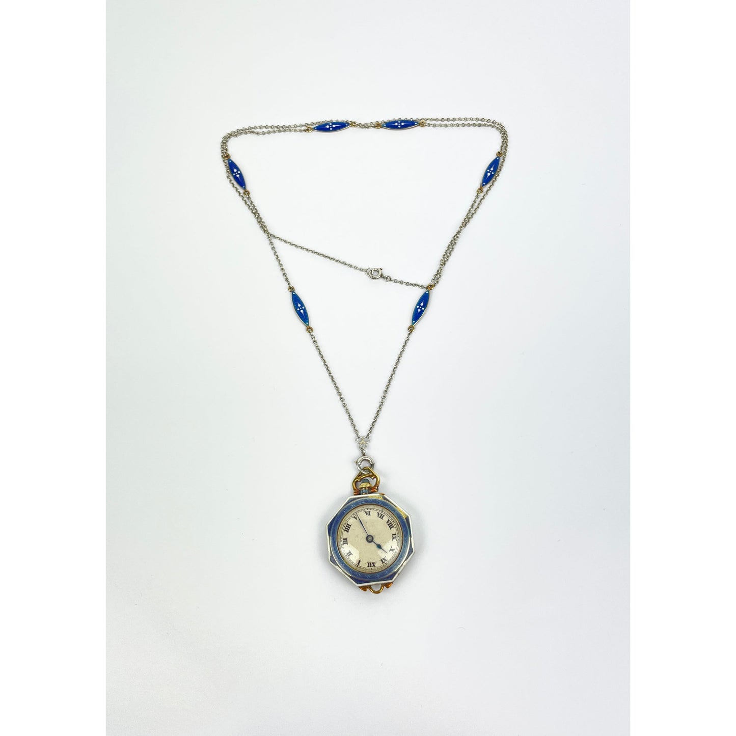 Edwardian 14k Gold Guilloche Enamel Pocket Watch Necklace
