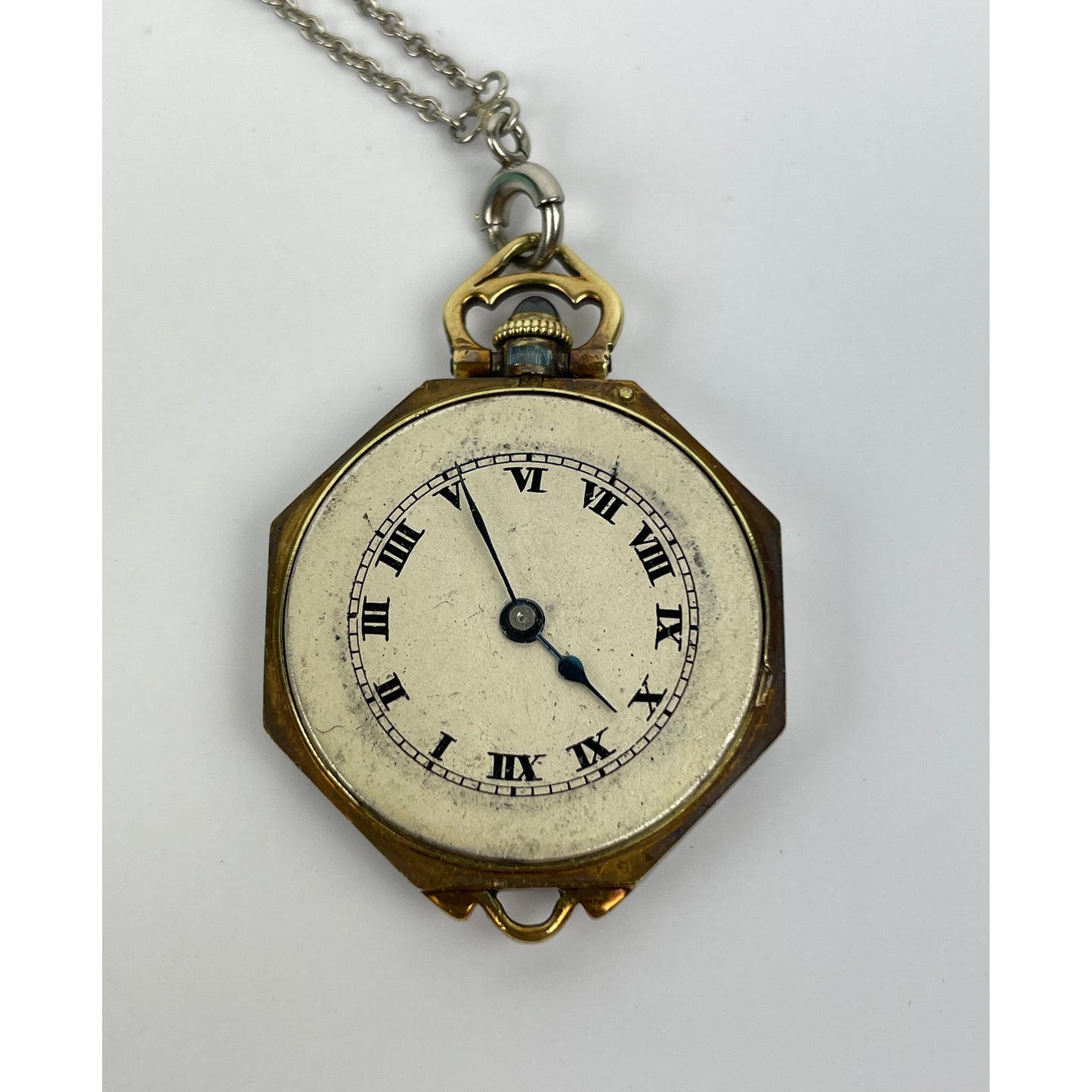 Edwardian 14k Gold Guilloche Enamel Pocket Watch Necklace