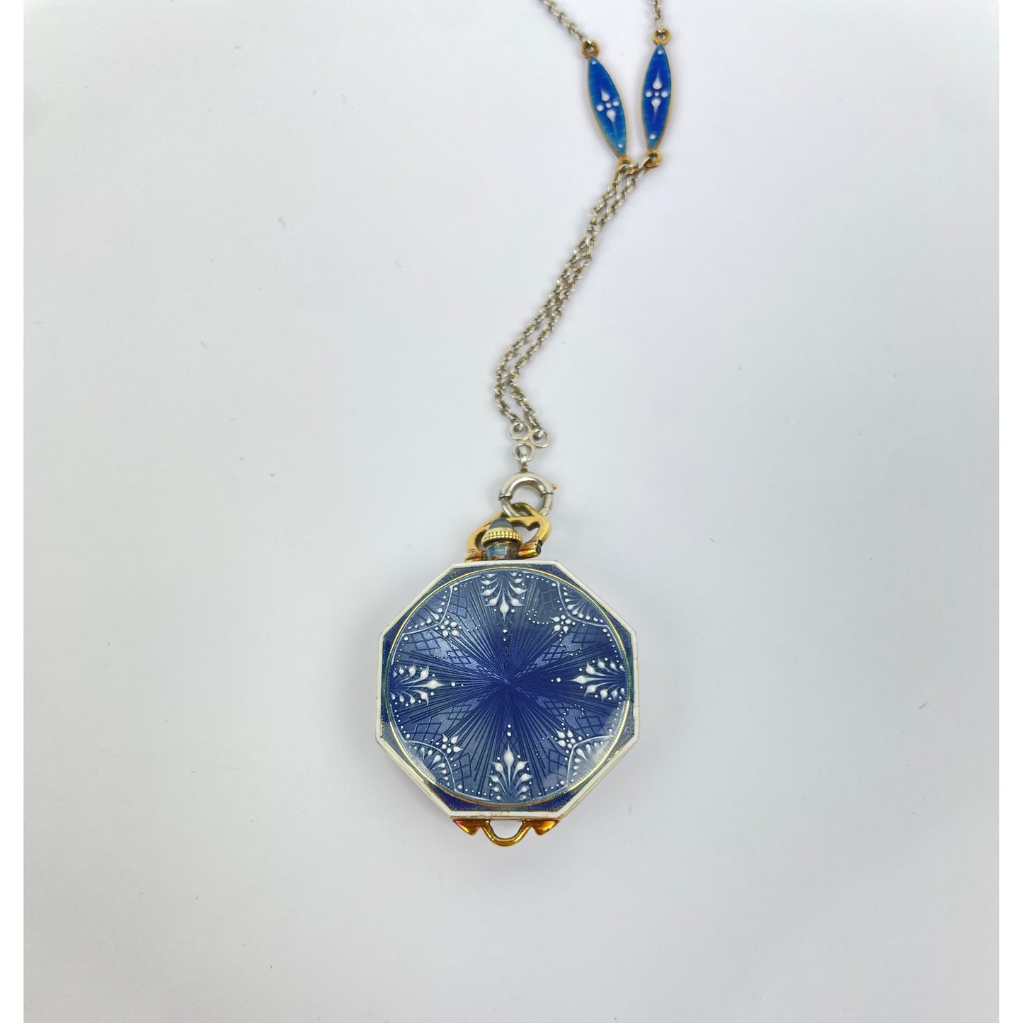 Edwardian 14k Gold Guilloche Enamel Pocket Watch Necklace