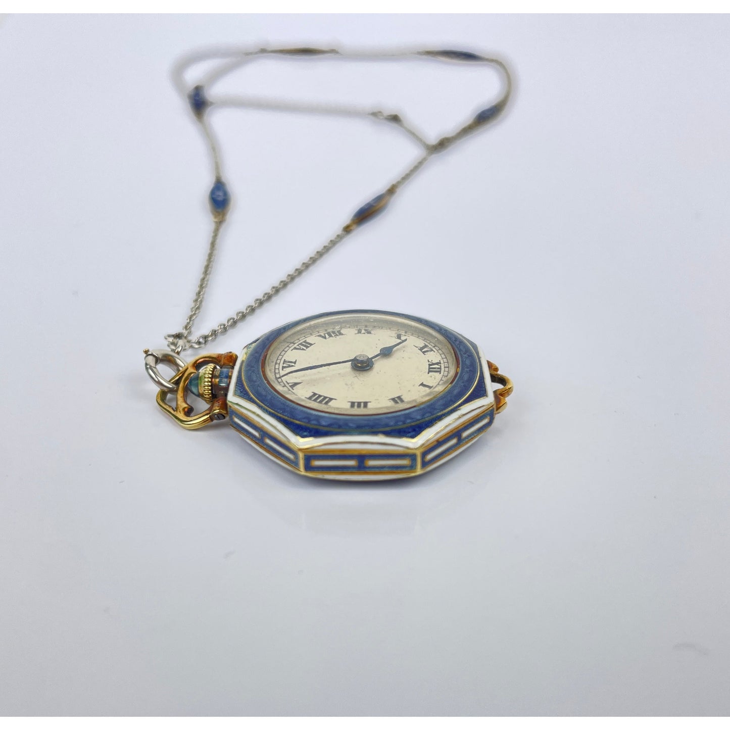 Edwardian 14k Gold Guilloche Enamel Pocket Watch Necklace