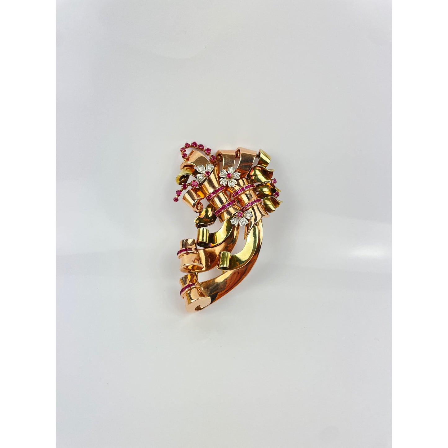 Large Retro Multi Tone 14k Gold Ruby Diamond Brooch Pin
