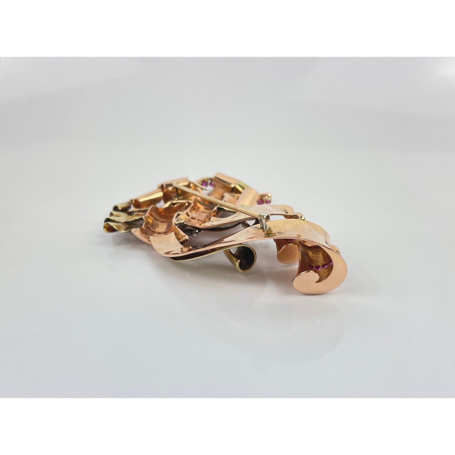 Large Retro Multi Tone 14k Gold Ruby Diamond Brooch Pin