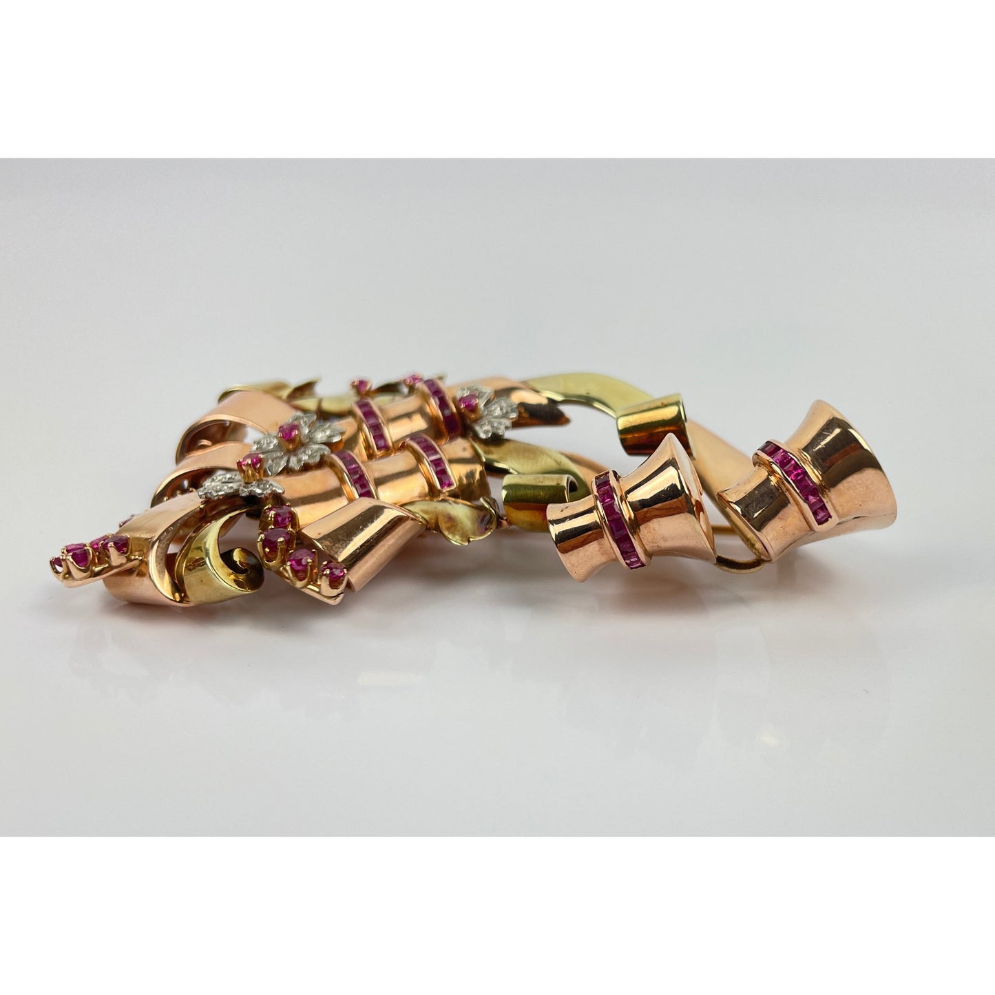Large Retro Multi Tone 14k Gold Ruby Diamond Brooch Pin