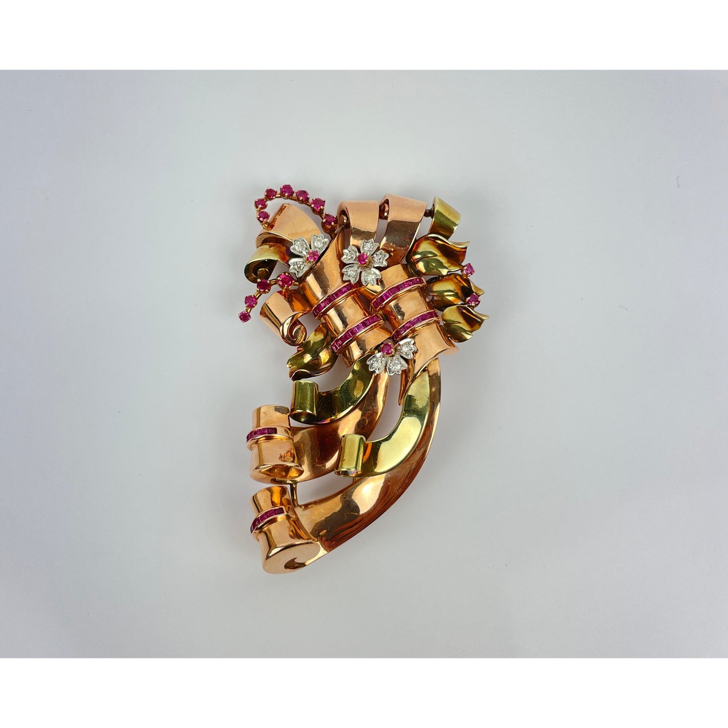 Large Retro Multi Tone 14k Gold Ruby Diamond Brooch Pin