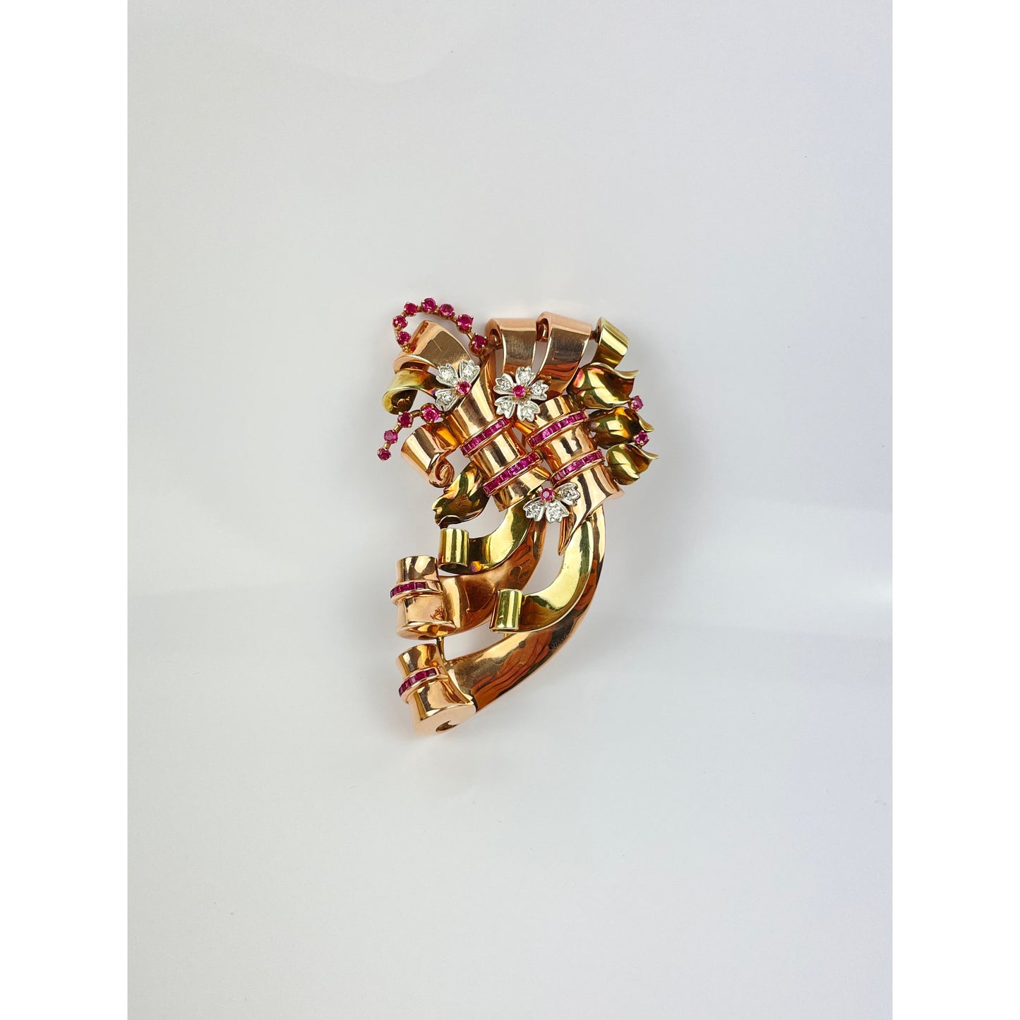Large Retro Multi Tone 14k Gold Ruby Diamond Brooch Pin