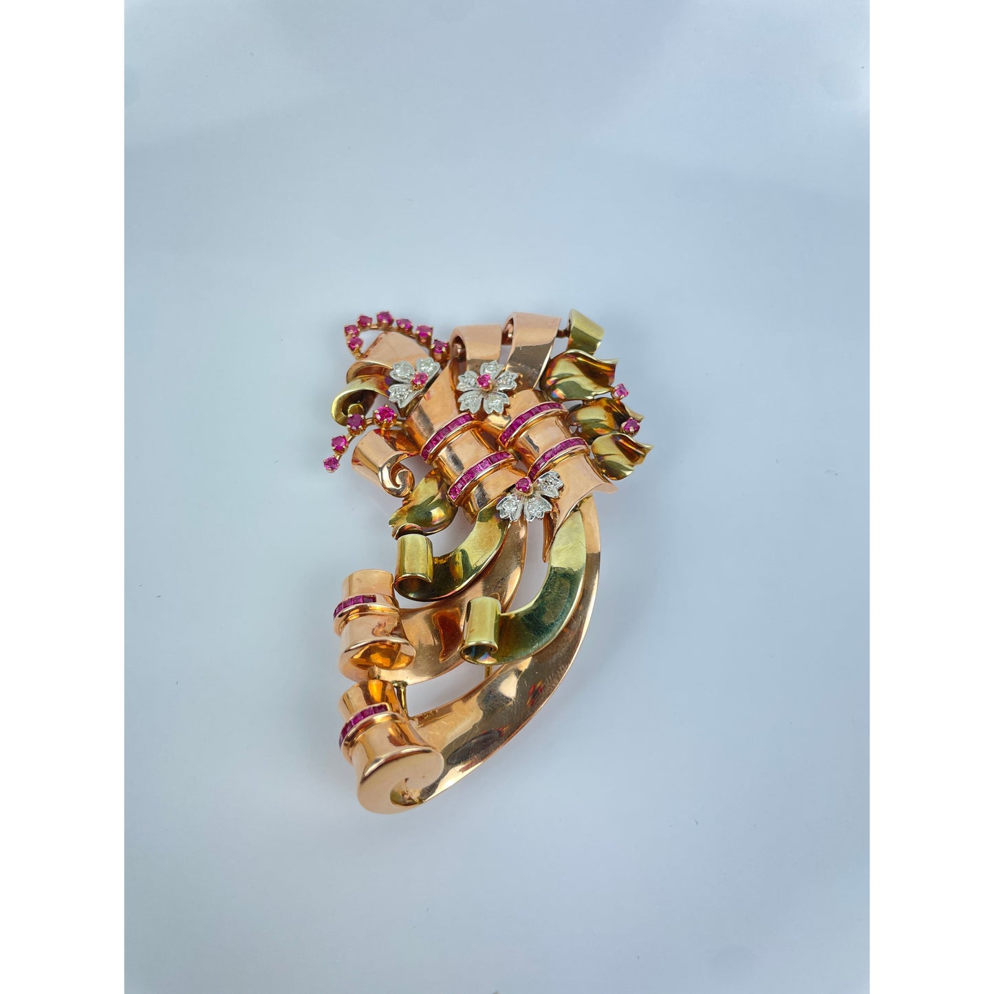 Large Retro Multi Tone 14k Gold Ruby Diamond Brooch Pin