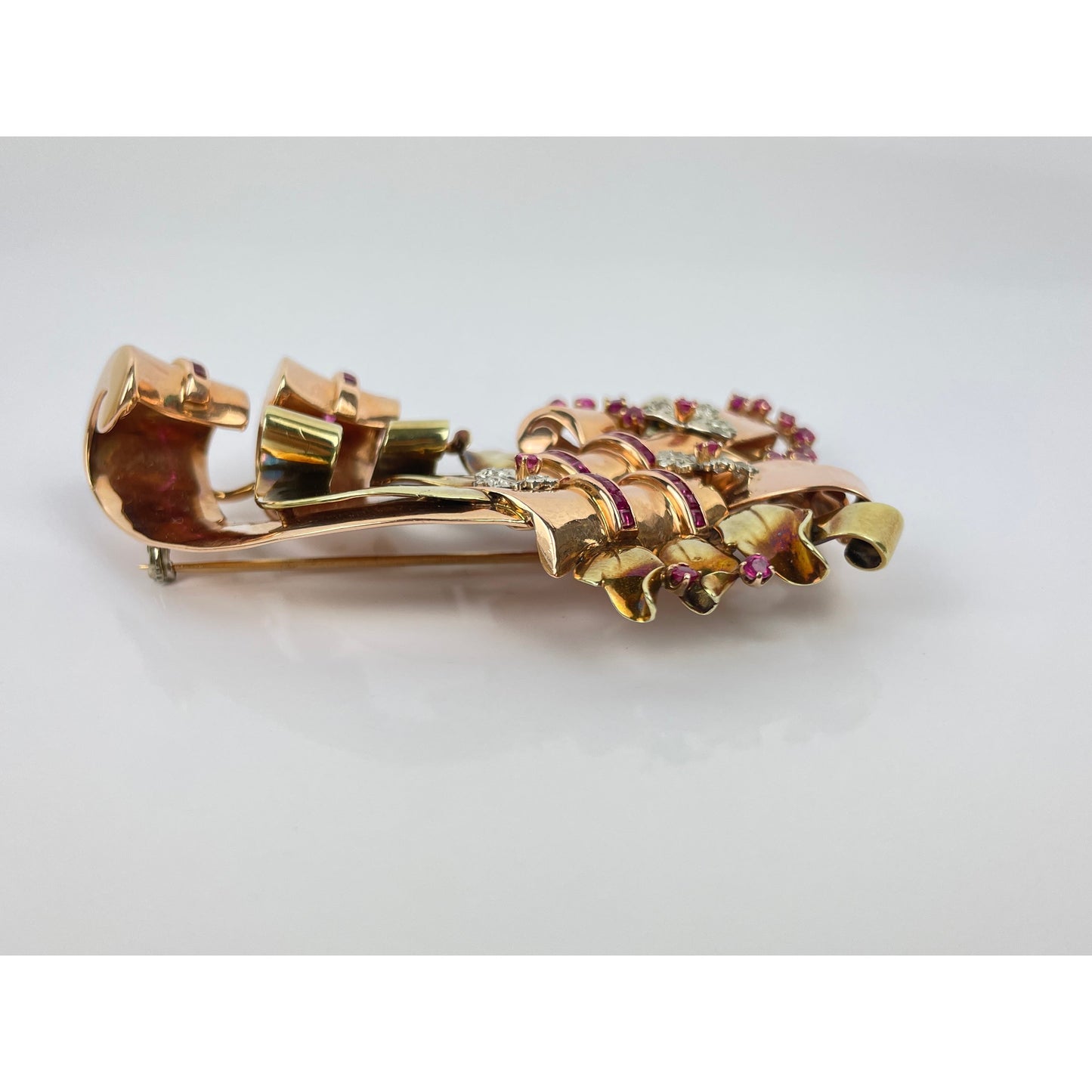 Large Retro Multi Tone 14k Gold Ruby Diamond Brooch Pin
