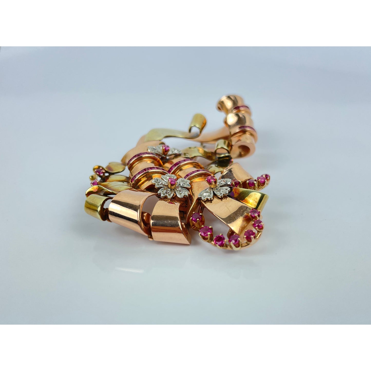 Large Retro Multi Tone 14k Gold Ruby Diamond Brooch Pin