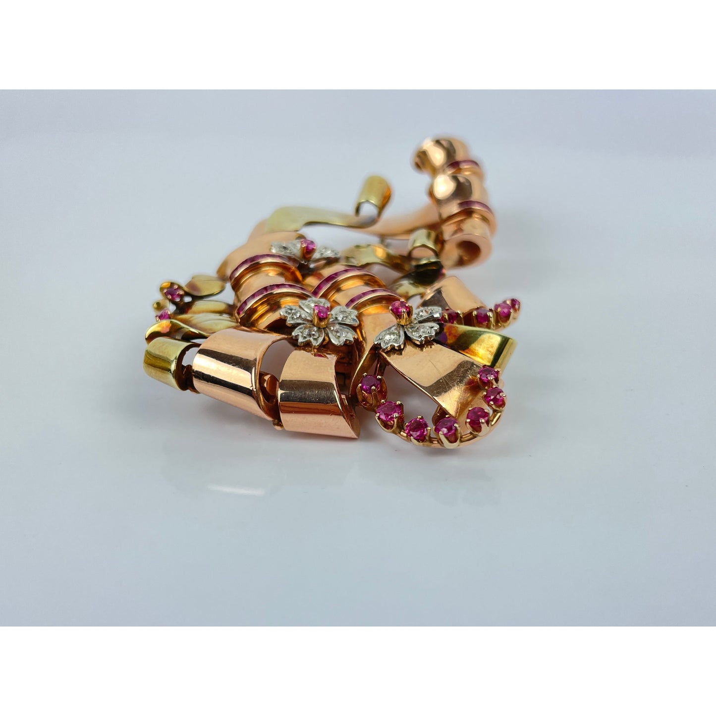 Large Retro Multi Tone 14k Gold Ruby Diamond Brooch Pin