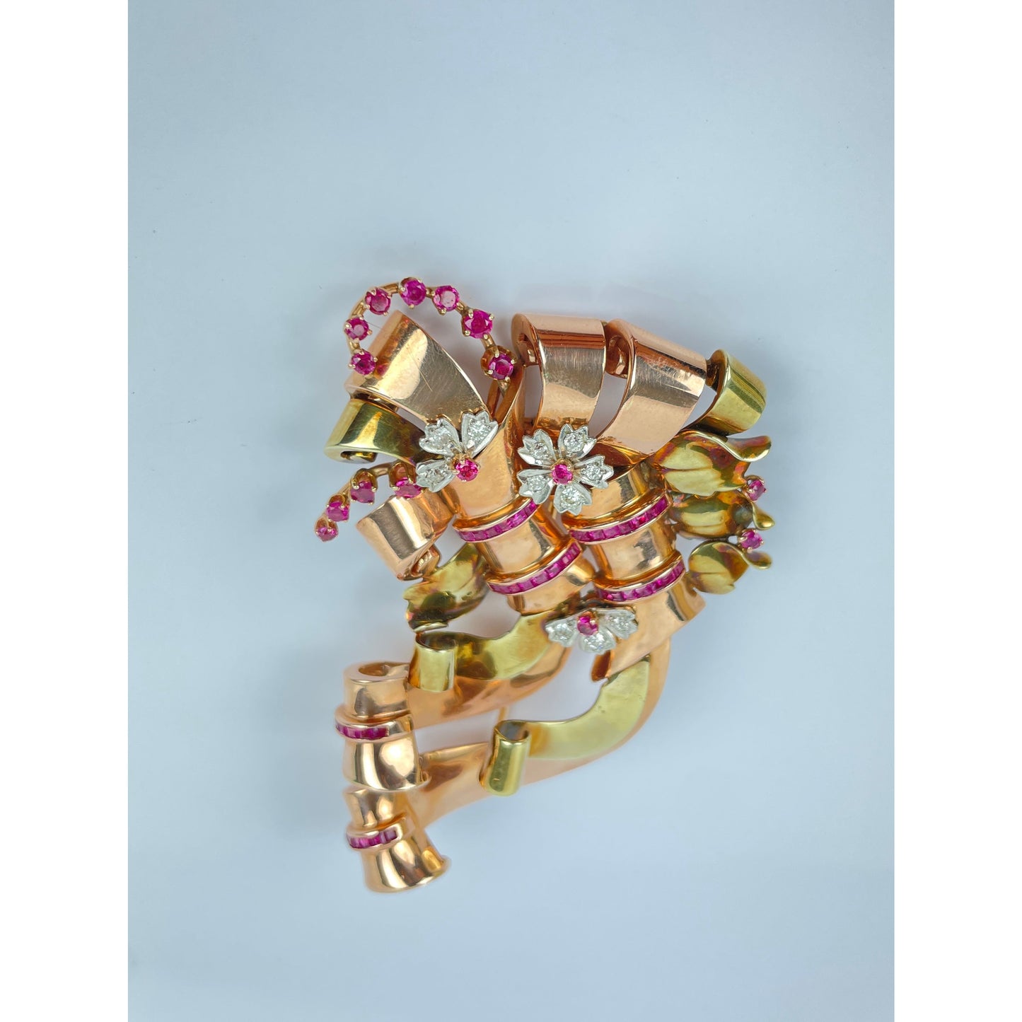 Large Retro Multi Tone 14k Gold Ruby Diamond Brooch Pin