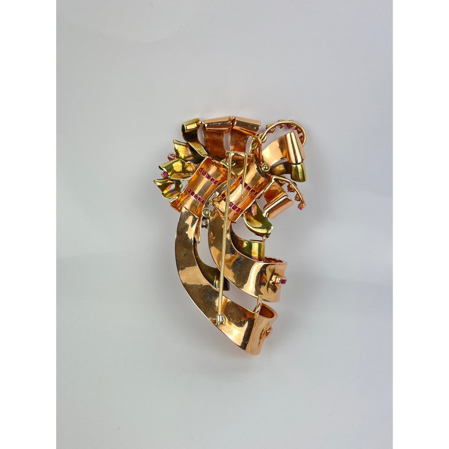Large Retro Multi Tone 14k Gold Ruby Diamond Brooch Pin
