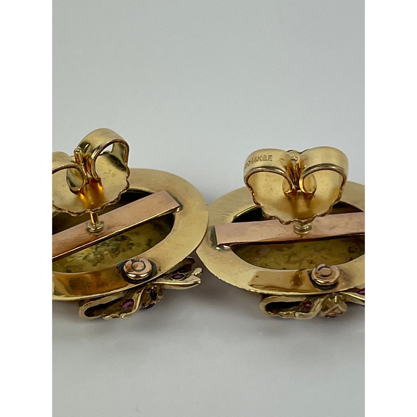 Retro Pair of 14k Gold Ruby Hat Earrings