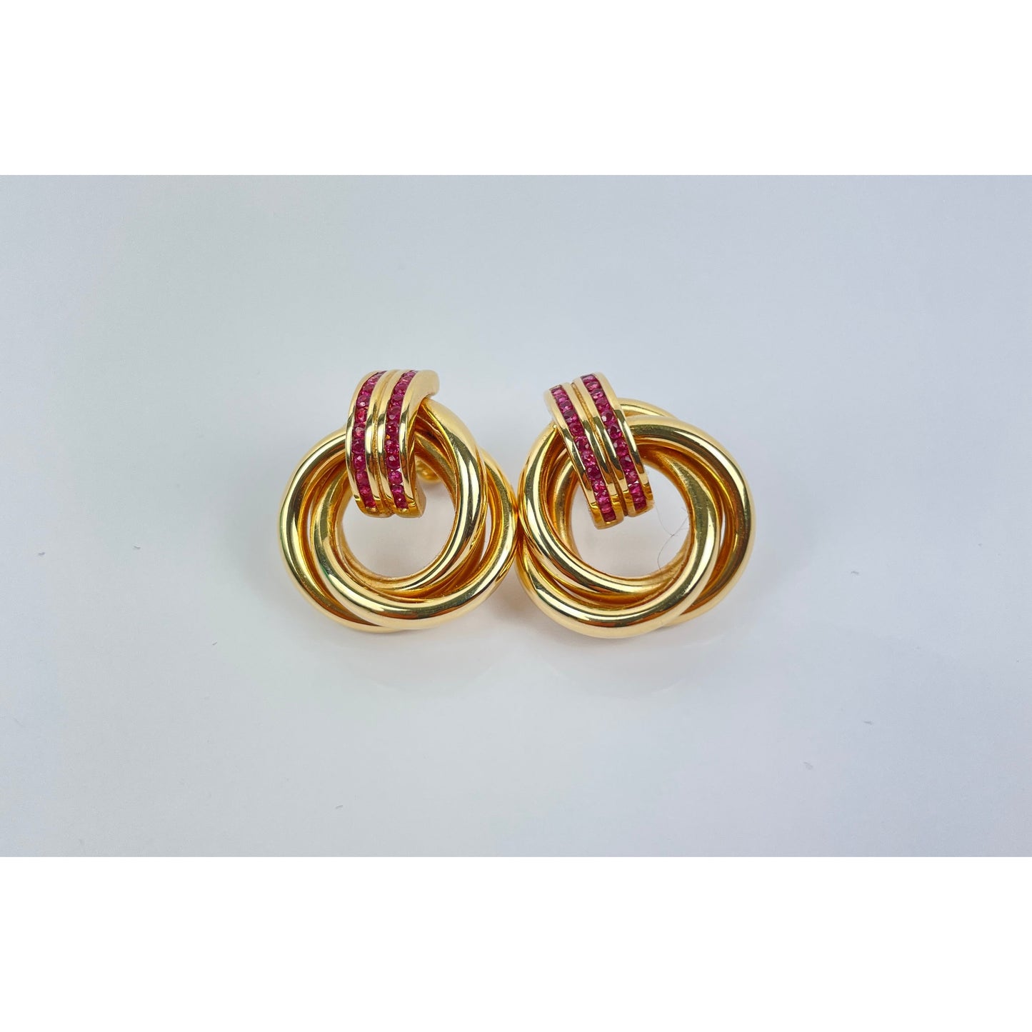 Vintage Pair of 14k Gold Ruby Trinity Loop Earrings