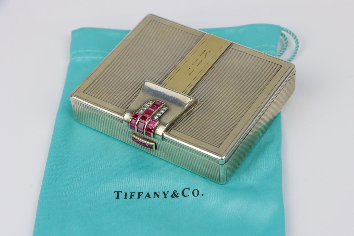Retro Tiffany & Co. 14k Gold and Silver Ruby Compact Powder Case