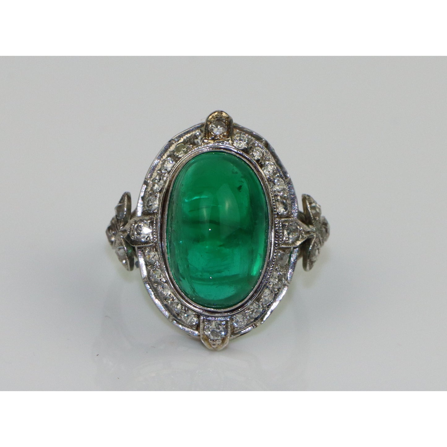 Art Deco GIA Certified Emerald Cabochon Platinum Ring