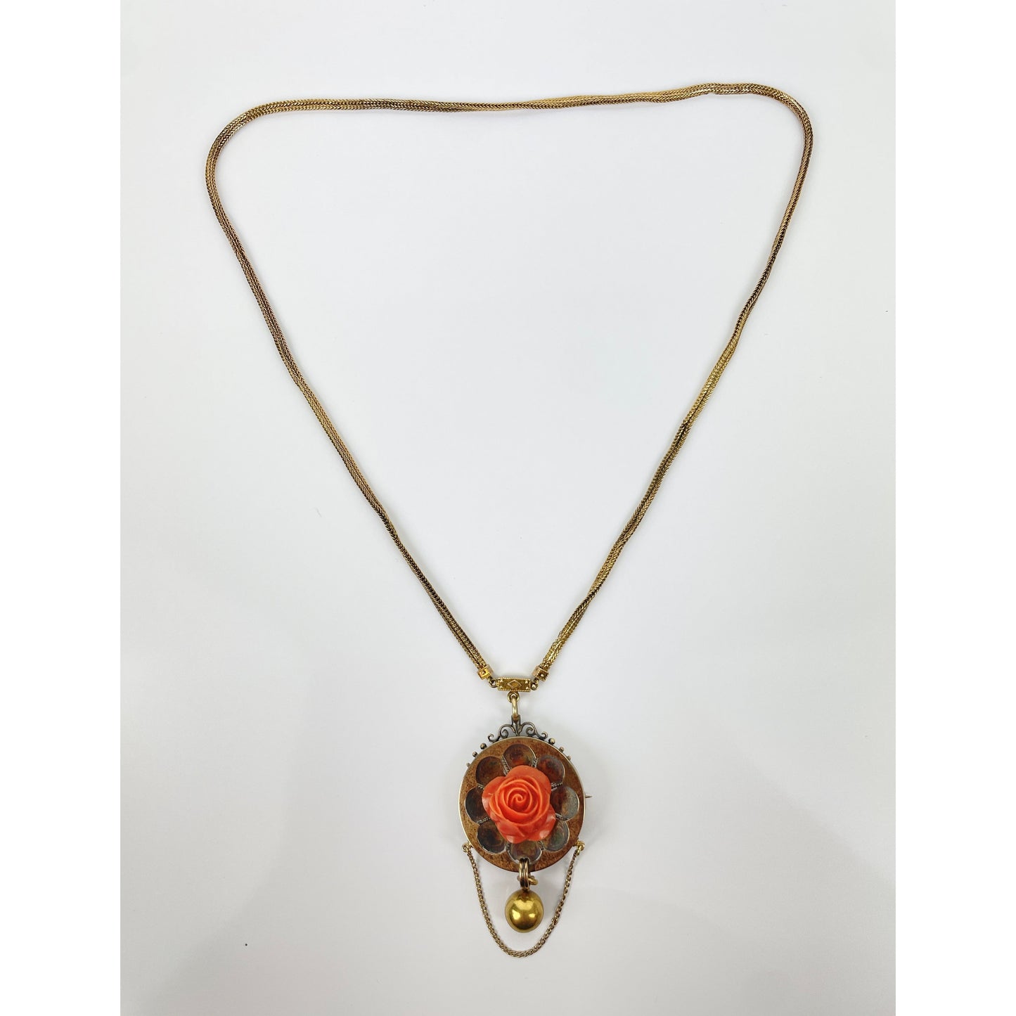 Victorian 14k Gold Coral Carved Flower Necklace