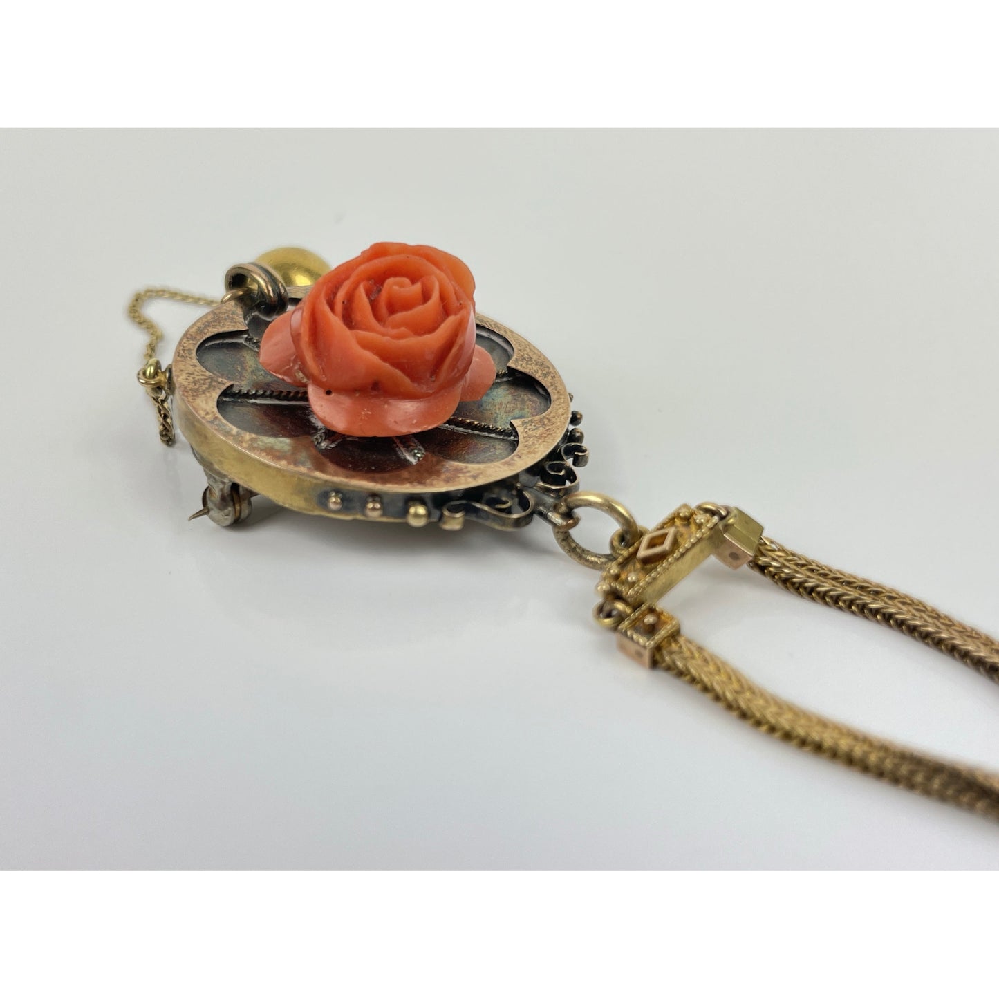 Victorian 14k Gold Coral Carved Flower Necklace