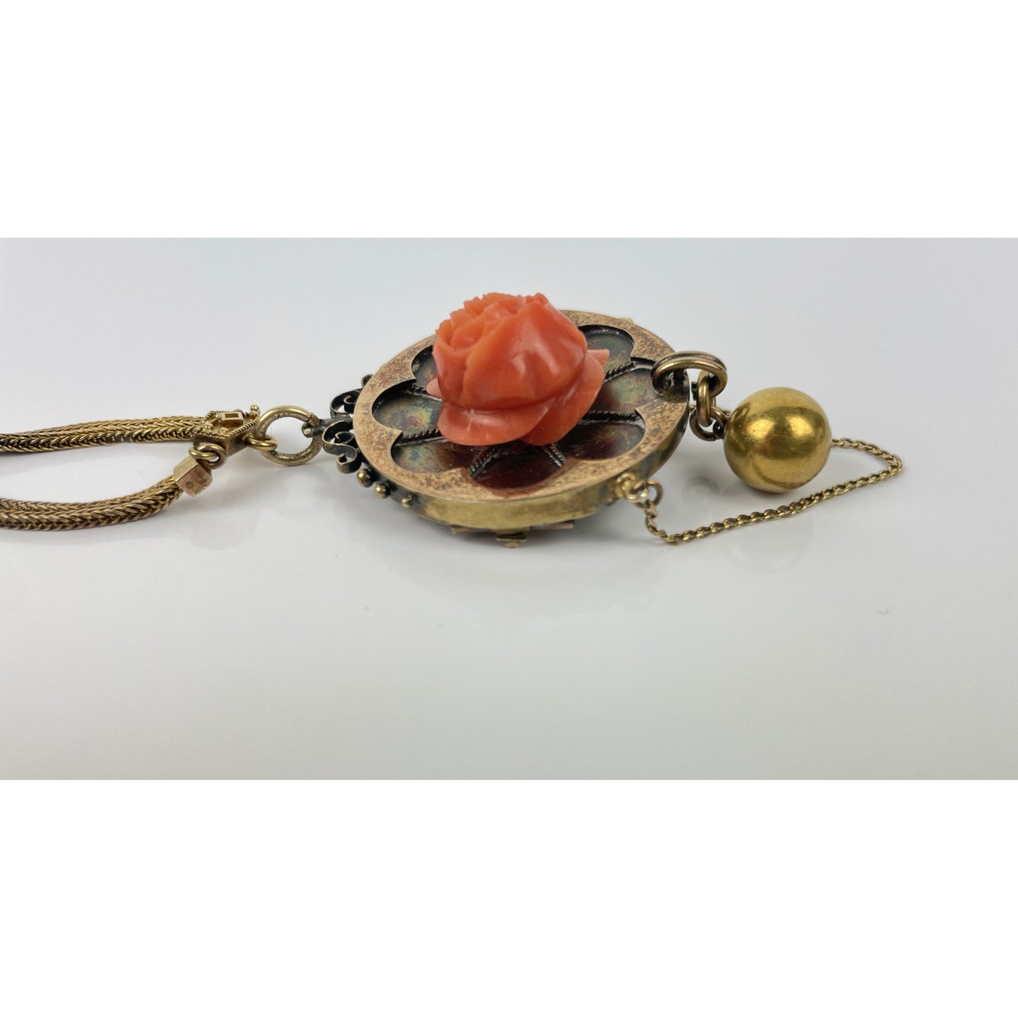 Victorian 14k Gold Coral Carved Flower Necklace