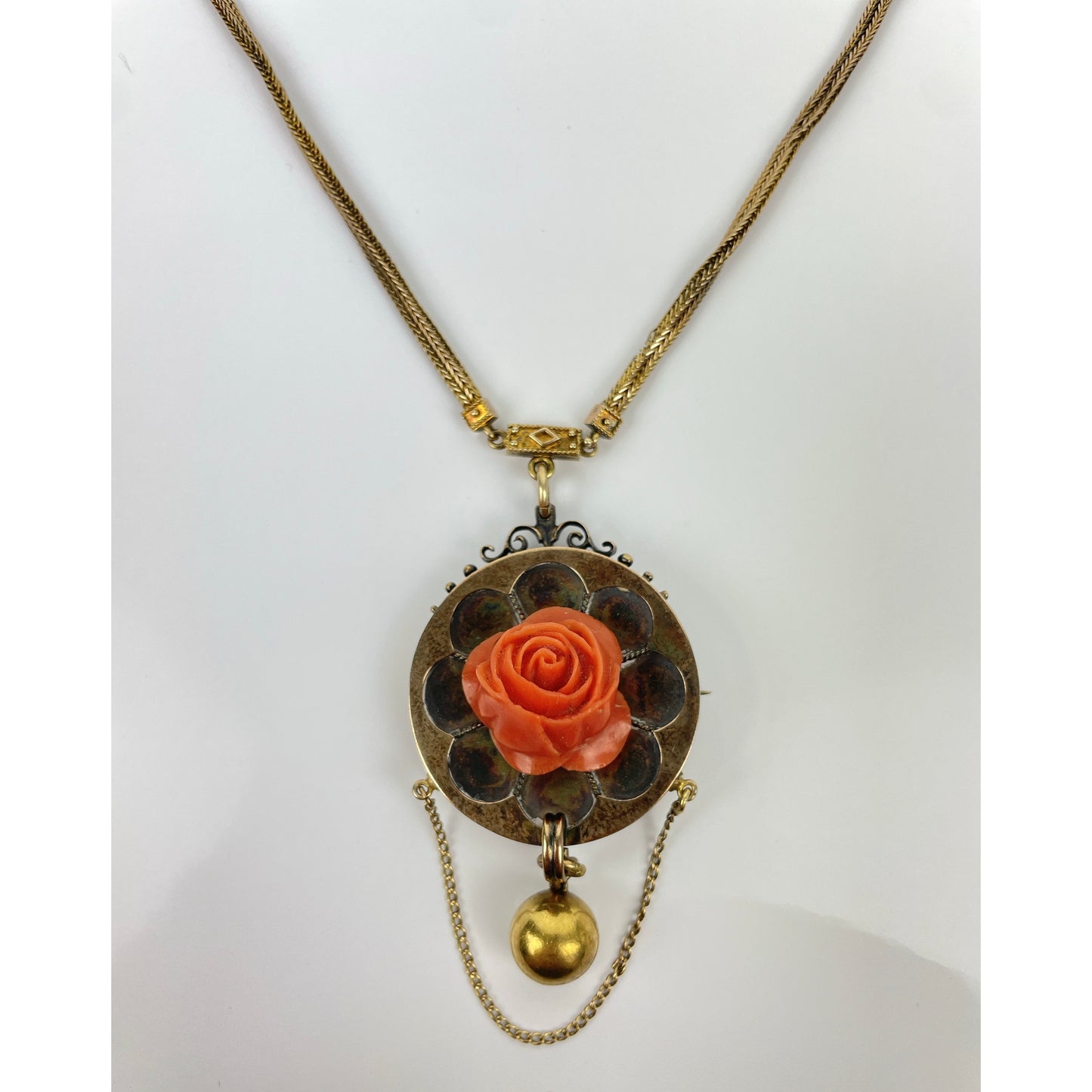 Victorian 14k Gold Coral Carved Flower Necklace