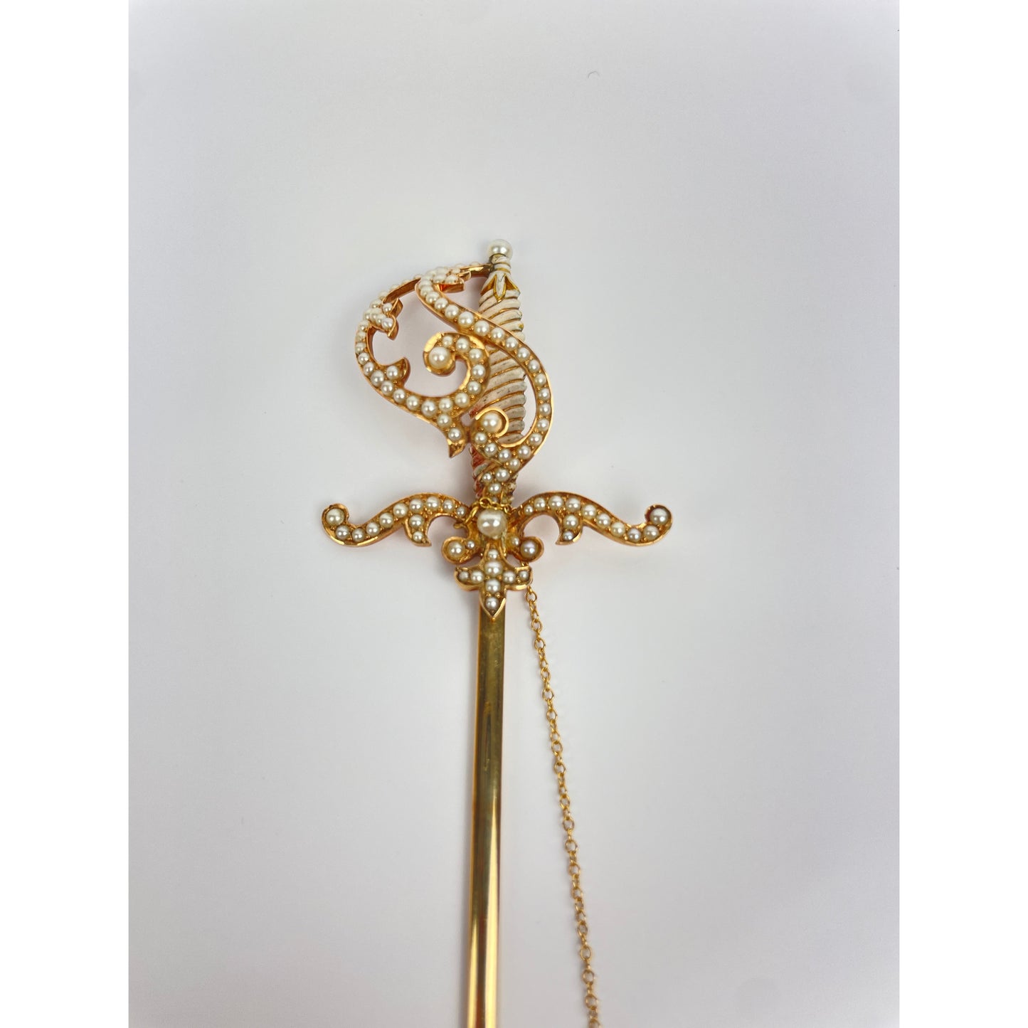 Victorian 14k Gold Seed Pearl Sword Brooch Pin