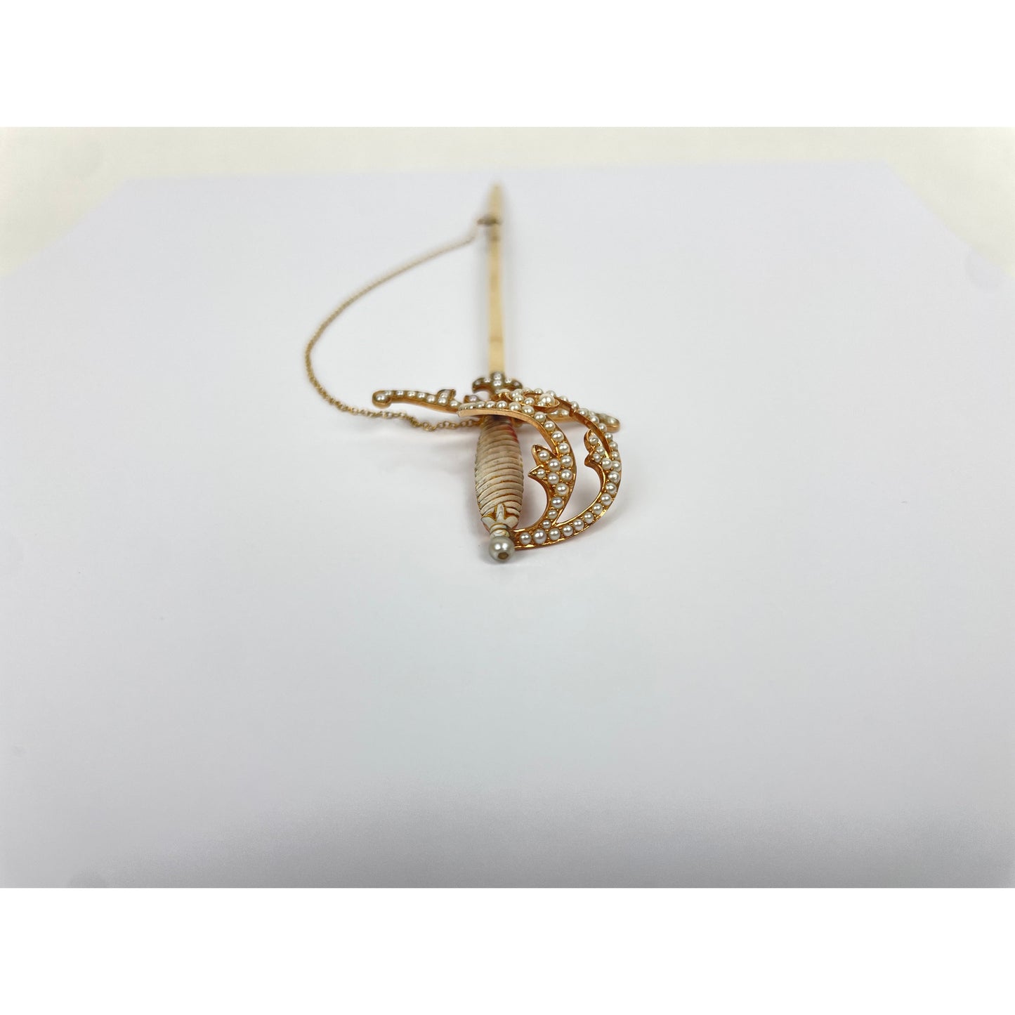 Victorian 14k Gold Seed Pearl Sword Brooch Pin